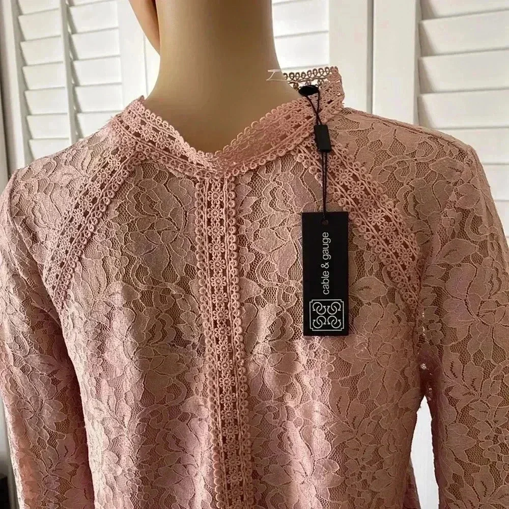 CABLE & GAUGE Women’s Light Pink / ROSE Lace Blouse Top - Size Medium NWT - Picture 5 of 7